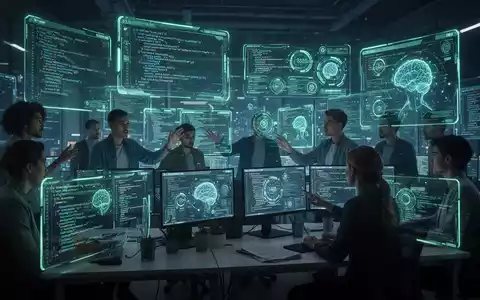 Multiple holographic screens displaying complex code and AI agent interfaces, with developers collaborating in a futuristic office. - Foto: über boerse-global.de