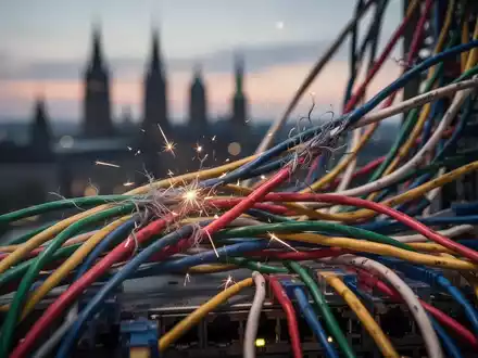 Ein Nahaufnahme von verhedderten Serverkabeln, die lose und leicht funken, mit einer verschwommenen Stadtsilhouette im Hintergrund. - Foto: über boerse-global.de