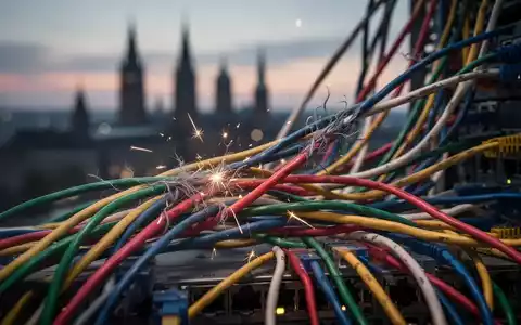 Ein Nahaufnahme von verhedderten Serverkabeln, die lose und leicht funken, mit einer verschwommenen Stadtsilhouette im Hintergrund. - Foto: über boerse-global.de