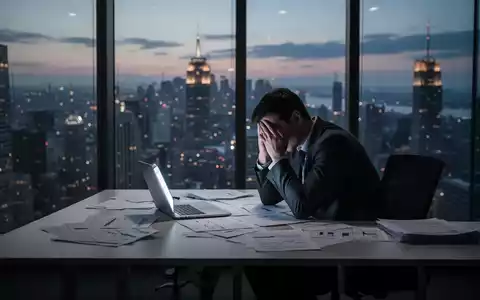 Ein Unternehmer sitzt nachts über Dokumenten in einem Büro mit Blick auf die Stadt, den Kopf in den Händen, was Stress und Überlastung symbolisiert. - Foto: über boerse-global.de