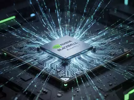 A close-up of a glowing NVIDIA Blackwell GPU chip with intricate circuitry, symbolizing advanced AI processing. - Foto: über boerse-global.de