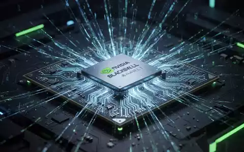 A close-up of a glowing NVIDIA Blackwell GPU chip with intricate circuitry, symbolizing advanced AI processing. - Foto: über boerse-global.de
