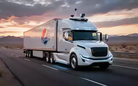 An autonomous semi-truck with advanced sensors on a highway at dawn, hauling a PepsiCo trailer through arid terrain. - Foto: über boerse-global.de