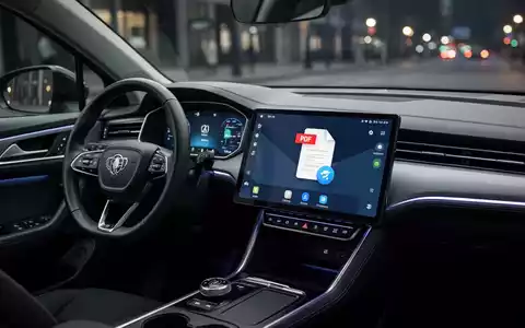 A close-up of a car's digital dashboard showing the Android Auto interface with an Adobe Acrobat PDF icon displayed, symbolizing in-car document access. - Foto: über boerse-global.de