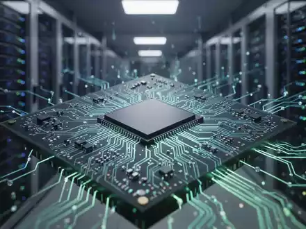 Close-up of a glowing AI chip with complex circuitry, set against a blurred background of a modern data center. - Foto: über boerse-global.de