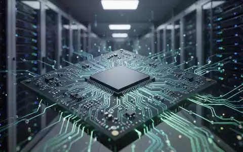 Close-up of a glowing AI chip with complex circuitry, set against a blurred background of a modern data center. - Foto: über boerse-global.de