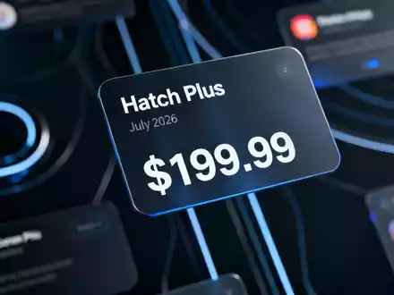 Eine digitale Anzeige mit 'Hatch Plus', '$199.99' und 'Juli 2026' vor einem abstrakten Hintergrund, der digitale Kommunikation symbolisiert. - Foto: über boerse-global.de