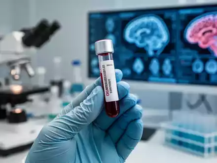Nahaufnahme eines Blutprobenröhrchens in einem Labor, mit unscharfen wissenschaftlichen Geräten und digitalen Gehirnscans im Hintergrund. - Foto: über boerse-global.de