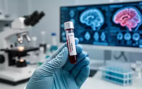 Nahaufnahme eines Blutprobenröhrchens in einem Labor, mit unscharfen wissenschaftlichen Geräten und digitalen Gehirnscans im Hintergrund. - Foto: über boerse-global.de