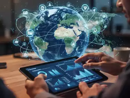 Stylized globe with digital payment icons and lines connecting countries, hands of a business owner looking at a tablet. - Foto: über boerse-global.de