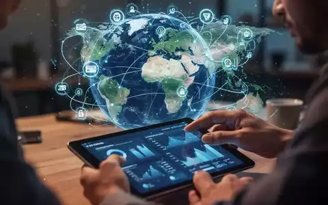 Stylized globe with digital payment icons and lines connecting countries, hands of a business owner looking at a tablet. - Foto: über boerse-global.de