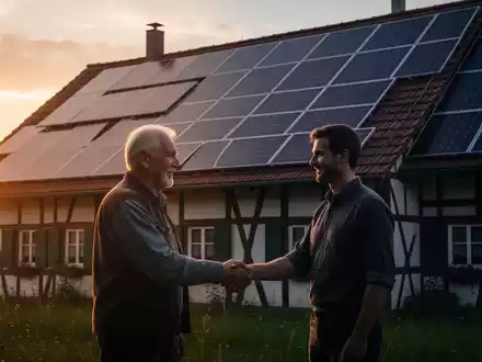 Solarpaneele auf einem Bauernhofdach bei Sonnenuntergang, im Vordergrund schütteln sich ein älterer und ein jüngerer Landwirt die Hände. - Foto: über boerse-global.de