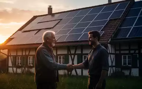 Solarpaneele auf einem Bauernhofdach bei Sonnenuntergang, im Vordergrund schütteln sich ein älterer und ein jüngerer Landwirt die Hände. - Foto: über boerse-global.de