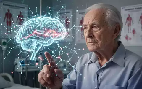 Ältere Person konzentriert sich auf eine holografische Anzeige, die Gehirnaktivität und neuronale Netzwerke zeigt, umgeben von medizinischen Elementen. - Foto: über boerse-global.de