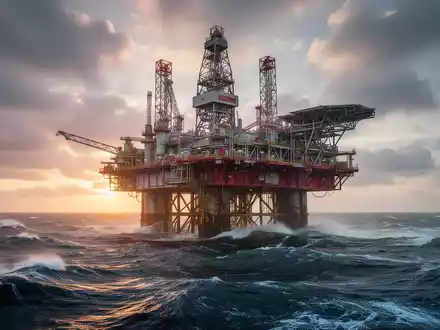 Eine imposante Offshore-Ölplattform im frühen Morgenlicht der Nordsee, umgeben von Wellen und einem dramatischen Himmel. - Foto: über boerse-global.de