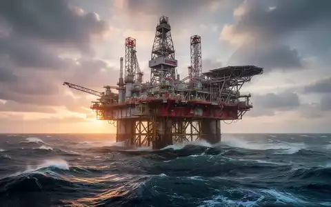 Eine imposante Offshore-Ölplattform im frühen Morgenlicht der Nordsee, umgeben von Wellen und einem dramatischen Himmel. - Foto: über boerse-global.de