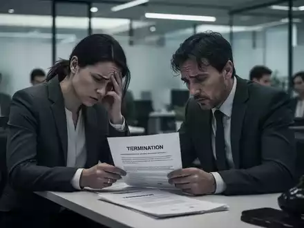 Eine Person sitzt in einem modernen Büro an einem Schreibtisch und betrachtet Kündigungspapiere, im Hintergrund verschwommene Kollegen. - Foto: über boerse-global.de