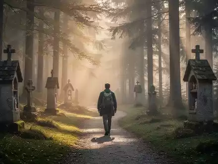 Ein einsamer Pilger wandert bei Sonnenaufgang auf einem gewundenen Waldweg, vorbei an alten Steinmarkierungen, die im Nebel leuchten. - Foto: über boerse-global.de