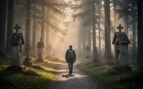 Ein einsamer Pilger wandert bei Sonnenaufgang auf einem gewundenen Waldweg, vorbei an alten Steinmarkierungen, die im Nebel leuchten. - Foto: über boerse-global.de