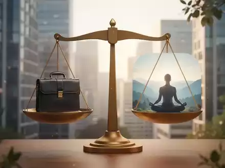 Eine Waage, die auf der einen Seite eine Aktentasche und auf der anderen eine Person beim Yoga in einer ruhigen Umgebung zeigt. - Foto: über boerse-global.de