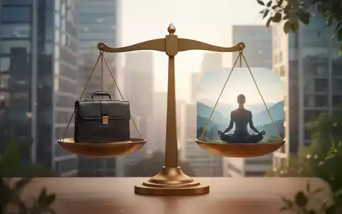 Eine Waage, die auf der einen Seite eine Aktentasche und auf der anderen eine Person beim Yoga in einer ruhigen Umgebung zeigt. - Foto: über boerse-global.de