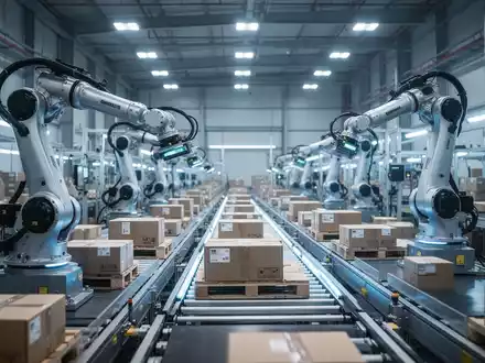 Ein modernes Logistiklager mit automatisierten Roboterarmen, die Pakete sortieren, unter kühlem blauem Licht. - Foto: über boerse-global.de