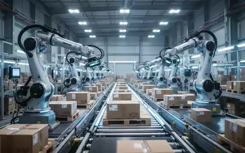 Ein modernes Logistiklager mit automatisierten Roboterarmen, die Pakete sortieren, unter kühlem blauem Licht. - Foto: über boerse-global.de