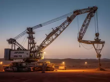 Ein riesiger 1.600-Tonnen-Kran vor einer Dämmerungslandschaft in der Wüste von Jafurah, der industrielle Größe vermittelt. - Foto: über boerse-global.de