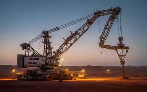 Ein riesiger 1.600-Tonnen-Kran vor einer Dämmerungslandschaft in der Wüste von Jafurah, der industrielle Größe vermittelt. - Foto: über boerse-global.de