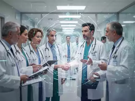 An AI interface overlaying healthcare professionals in a hospital, symbolizing AI integration in healthcare workflow optimization. - Foto: über boerse-global.de