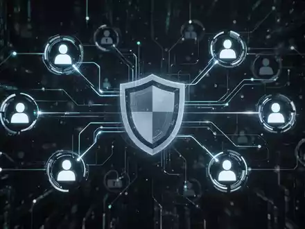 Stylized digital shield icon over interconnected glowing lines representing secure communication, on a dark background. - Foto: über boerse-global.de