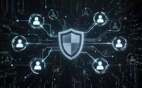 Stylized digital shield icon over interconnected glowing lines representing secure communication, on a dark background. - Foto: über boerse-global.de