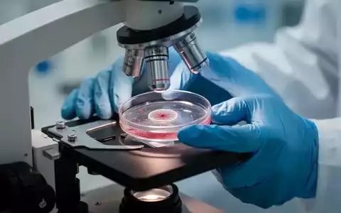 Nahaufnahme der Hände eines Wissenschaftlers in blauen Handschuhen, der eine Petrischale unter ein Mikroskop legt. - Foto: über boerse-global.de