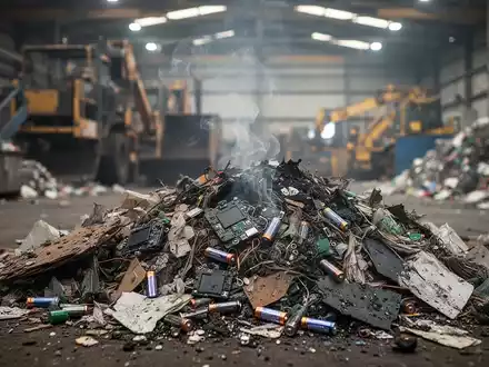Rauchender Müllhaufen mit Elektronikschrott und Batterien in einer Recyclinganlage, der die Brandgefahr durch falsch entsorgte Akkus darstellt. - Foto: über boerse-global.de