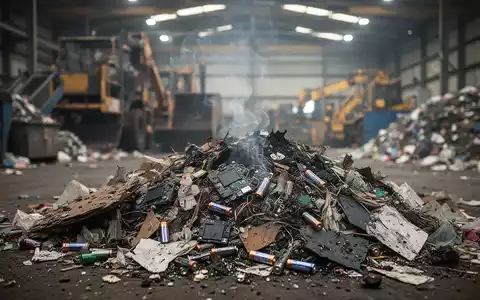 Rauchender Müllhaufen mit Elektronikschrott und Batterien in einer Recyclinganlage, der die Brandgefahr durch falsch entsorgte Akkus darstellt. - Foto: über boerse-global.de