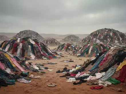 Ein riesiger Berg aus weggeworfener Kleidung in einer wüstenähnlichen Landschaft, symbolisiert die Herausforderung der Billigmode. - Foto: über boerse-global.de