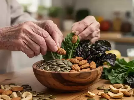 Ältere Hände wählen Kürbiskerne, Mandeln und grünes Blattgemüse aus einer Schale, die magnesiumreiche Ernährung symbolisiert. - Foto: über boerse-global.de