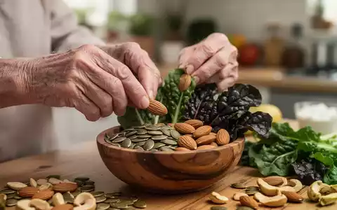 Ältere Hände wählen Kürbiskerne, Mandeln und grünes Blattgemüse aus einer Schale, die magnesiumreiche Ernährung symbolisiert. - Foto: über boerse-global.de