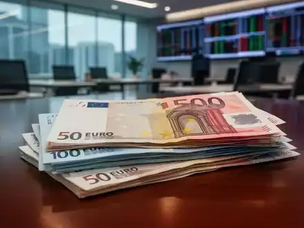 Nahaufnahme eines Stapels Euro- und Schweizer-Franken-Banknoten auf einem dunklen Holztisch mit verschwommenem Bürohintergrund. - Foto: über boerse-global.de