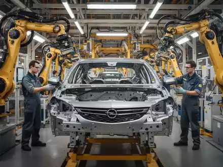 Moderne Montagelinie in einem Automobilwerk mit Robotern und Ingenieuren, die die Produktion eines Fahrzeugs überwachen. - Foto: über boerse-global.de