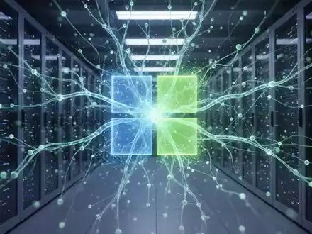 Abstrakte Darstellung eines riesigen neuronalen Netzwerks mit leuchtenden Knoten und Verbindungen in einem High-Tech-Serverraum. - Foto: über boerse-global.de