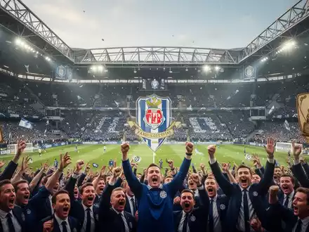 Ein Fußballstadion voller jubelnder Fans, die ein Vereinsjubiläum feiern, mit historischen Elementen und lebendiger Atmosphäre. - Foto: über boerse-global.de