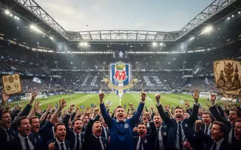 Ein Fußballstadion voller jubelnder Fans, die ein Vereinsjubiläum feiern, mit historischen Elementen und lebendiger Atmosphäre. - Foto: über boerse-global.de