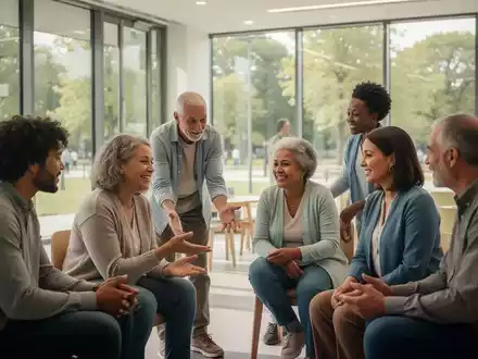 Eine Gruppe von Menschen in einem modernen Gemeinschaftszentrum, die sich engagieren und gegenseitig unterstützen, was psychische Gesundheit symbolisiert. - Foto: über boerse-global.de