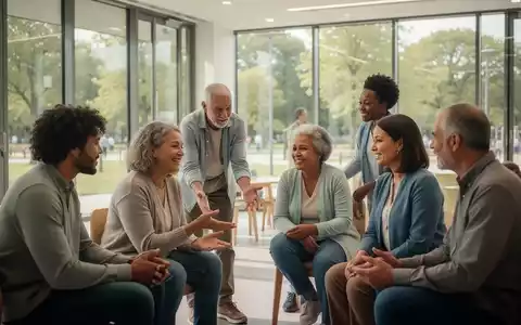 Eine Gruppe von Menschen in einem modernen Gemeinschaftszentrum, die sich engagieren und gegenseitig unterstützen, was psychische Gesundheit symbolisiert. - Foto: über boerse-global.de