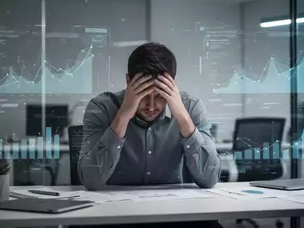 Ein junger Start-up-Gründer sitzt gestresst mit den Händen am Kopf an einem Schreibtisch in einem modernen Büro. - Foto: über boerse-global.de