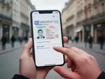 Smartphone displaying a digital ID card on its screen, held by hands, with a city street in the background. - Foto: über boerse-global.de
