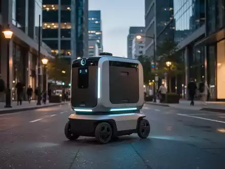 An autonomous delivery robot with a sleek, futuristic design moving along a city sidewalk during twilight hours. - Foto: über boerse-global.de