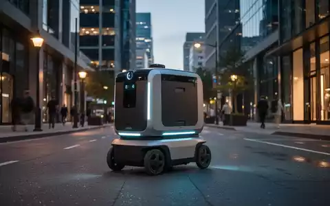 An autonomous delivery robot with a sleek, futuristic design moving along a city sidewalk during twilight hours. - Foto: über boerse-global.de