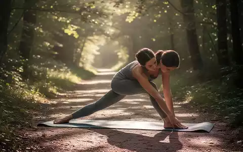 Eine Person macht Yoga im Freien auf einer Matte, umgeben von Bäumen und Sonnenlicht, mit einem Wanderweg im Hintergrund. - Foto: über boerse-global.de